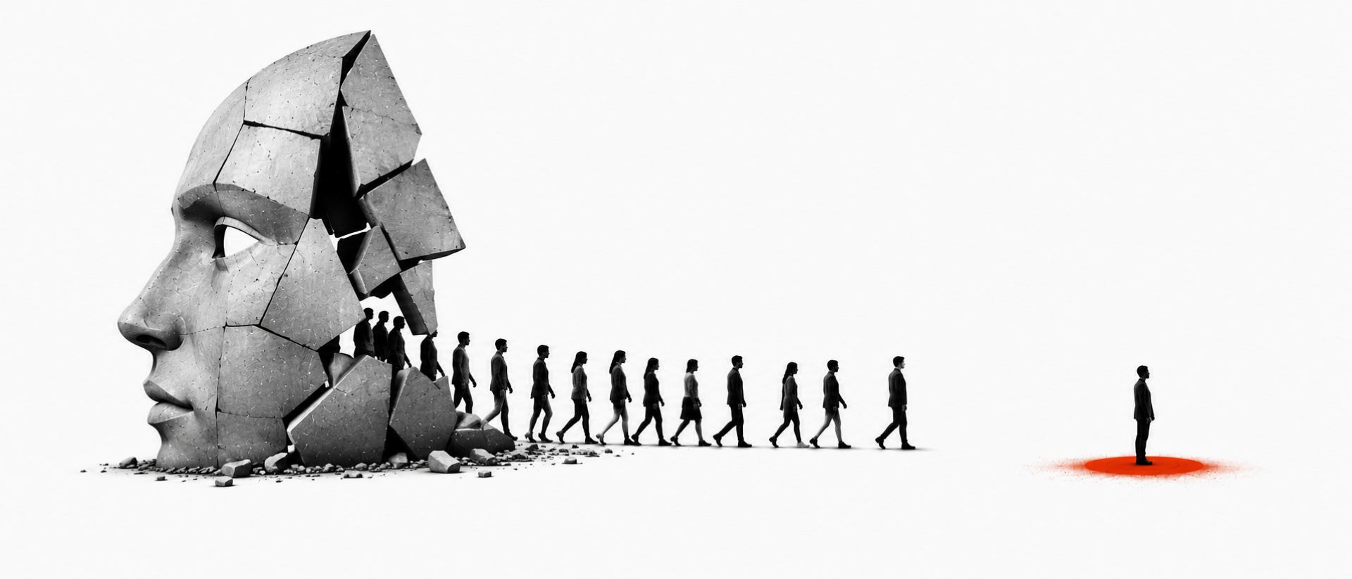 A fragmented stone head releases a line of people toward a lone figure standing on a red mark — the moment a prospect breaks away from the crowd