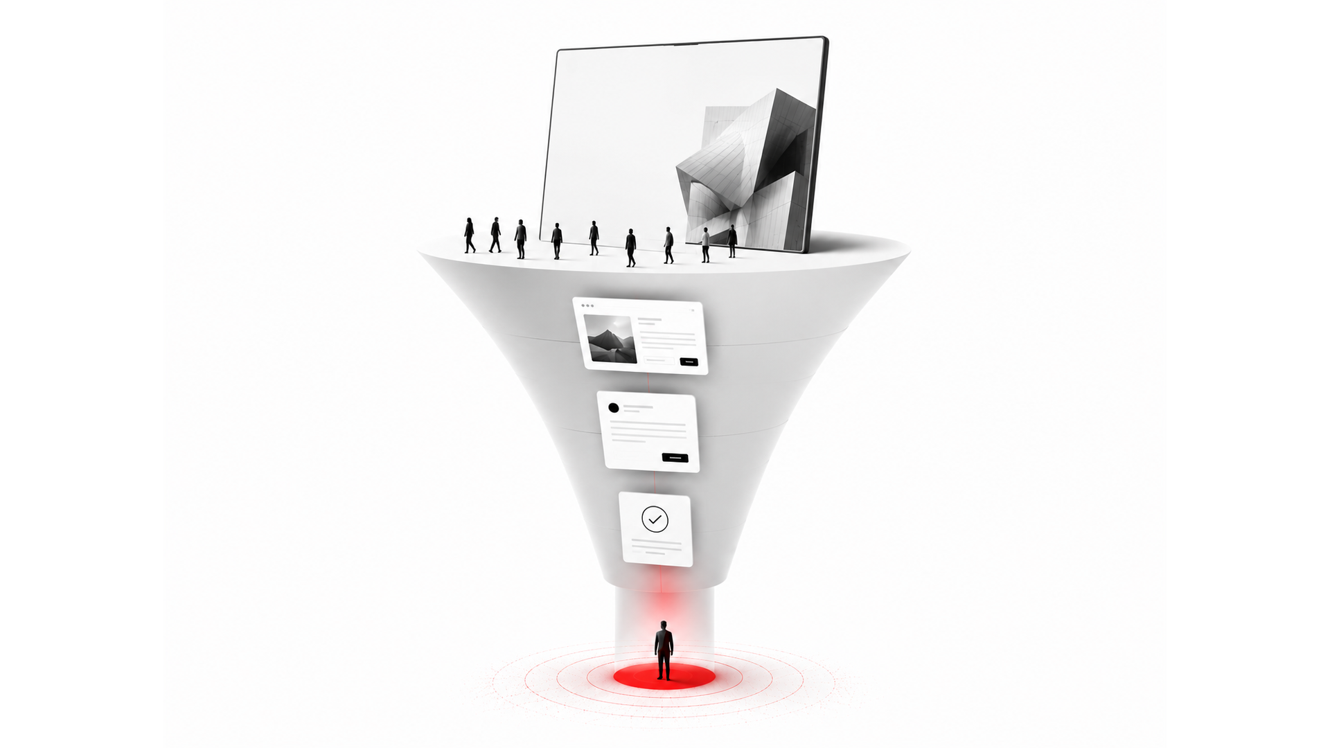 Conversion funnel — visitors guided through clear digital stages to become customers